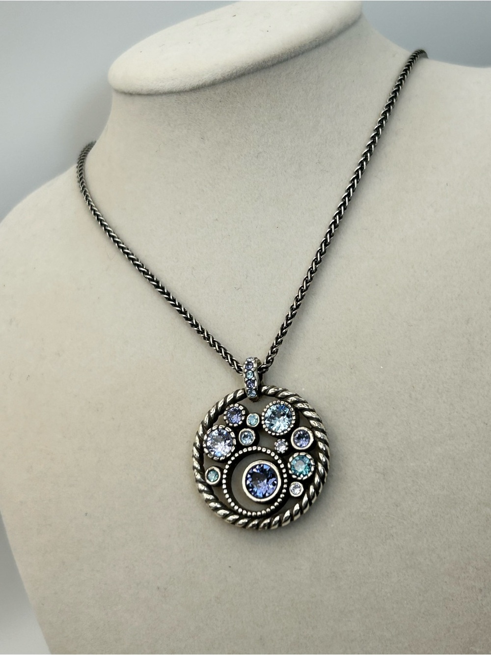 Brighton Halo Necklace Silver Plated 18" Blue Purple Crystals Round Pendant - Picture 3 of 10